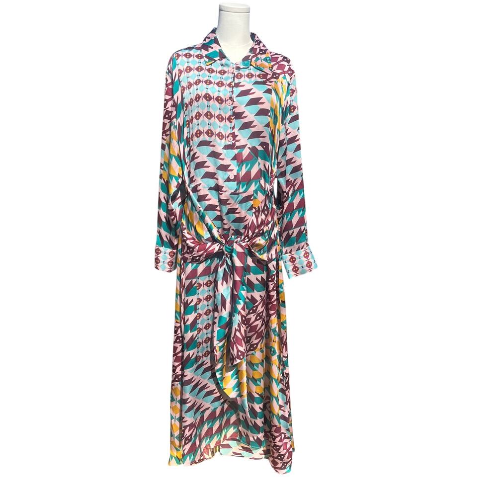 Aztec Patterned Maxi Dress Tie Waist Button Front Purple Multi Colored Flowy  Xl - Picture 2 of 10